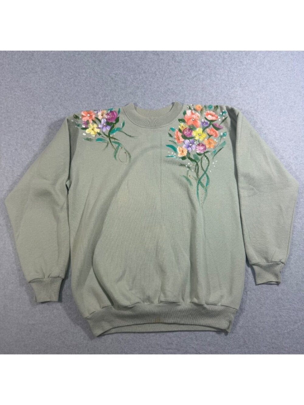 Hand Painted Floral Women's Medium Sage Green Crewneck Sweatshirt Handmade Art